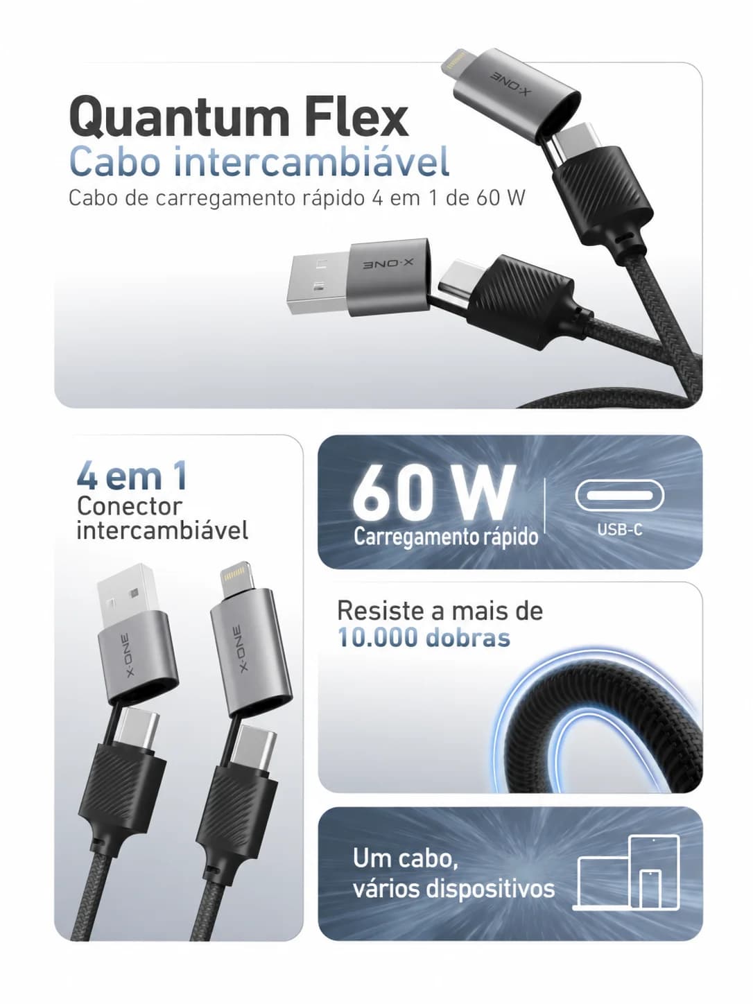 Cabo X-ONE  Quantum Flex 60W 4 em 1 (Multi-Dispositivos)