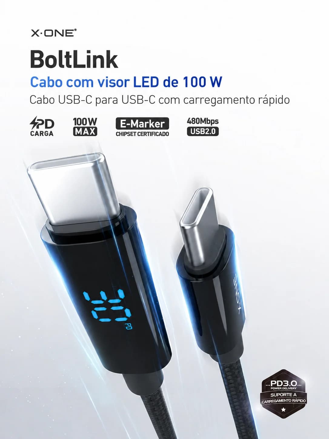 Cabo X-ONE BoltLink 100W USB-C com Display LED