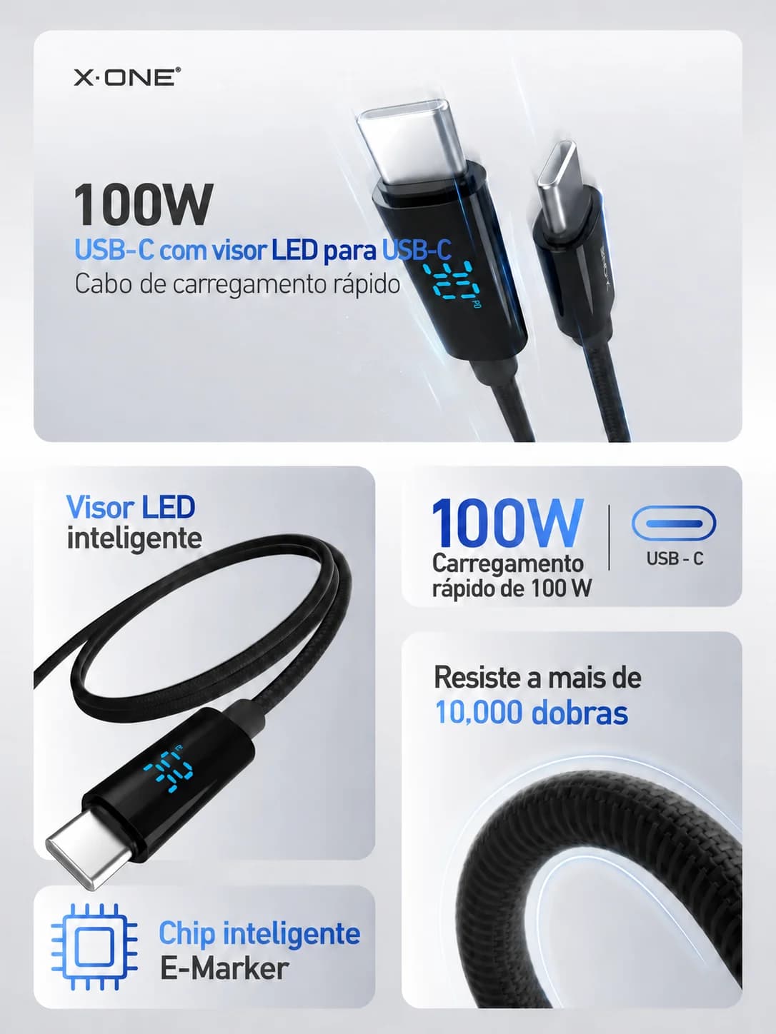 Cabo X-ONE BoltLink 100W USB-C com Display LED