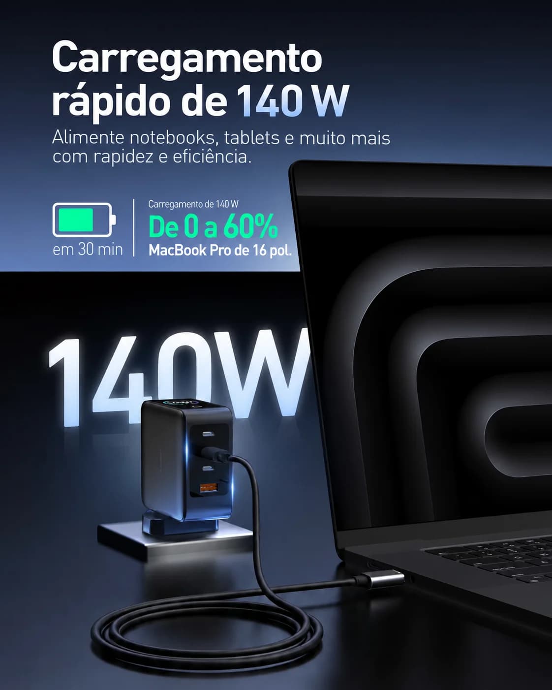 Carregador X-ONE Charge Pro 140W GaN com Display